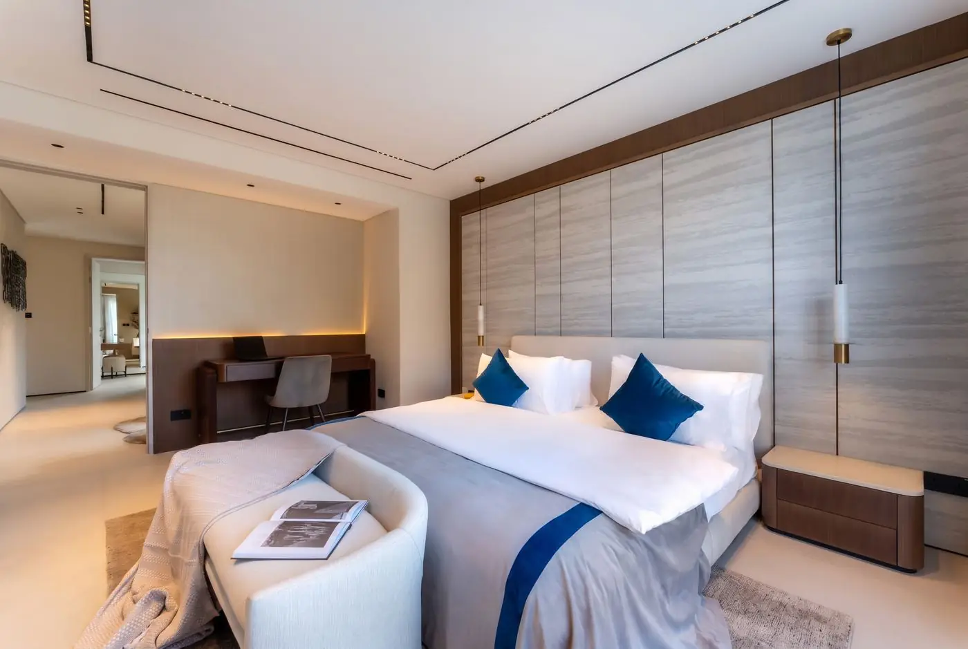 Bright bedroom with veneer headboard wall