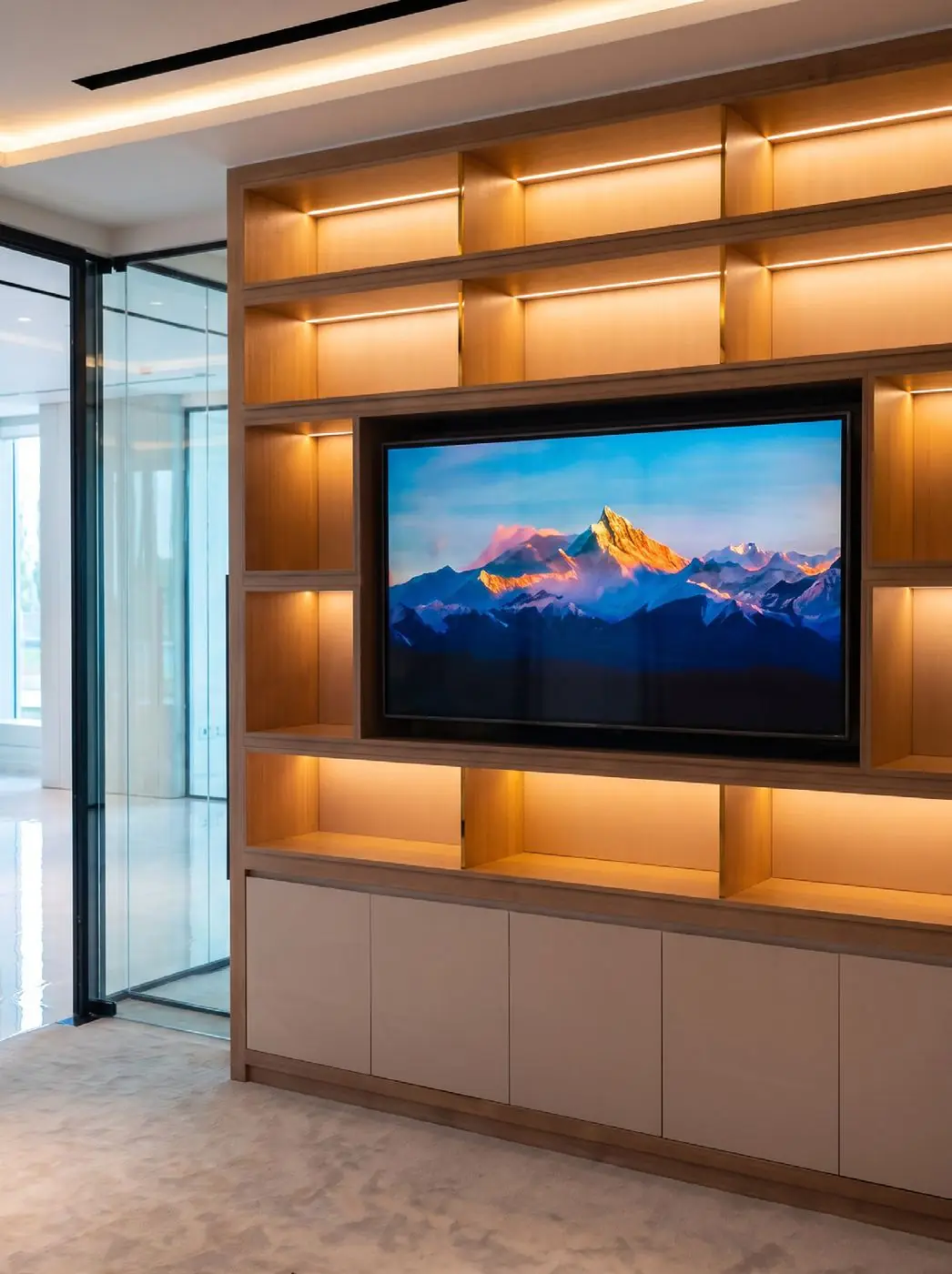 Commercial media wall with backlit shelving